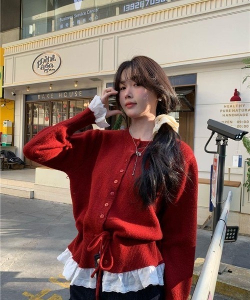 Ritzy(リッツィー)の「6色展開 フリルヘム ドローストリング カーディガン(ニット/セーター・レディース・ピンク/グレー/ブラック/パープル/レッド/ホワイト・FREE)」の18枚目の写真