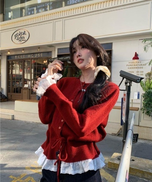 Ritzy(リッツィー)の「6色展開 フリルヘム ドローストリング カーディガン(ニット/セーター・レディース・ピンク/グレー/ブラック/パープル/レッド/ホワイト・FREE)」の19枚目の写真