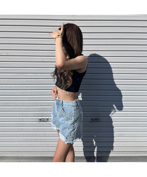 Flugge（フラッジー）の「ストーン付きデニムショートパンツ（デニムパンツ・レディース・ブルー・FREE）」の6枚目の写真