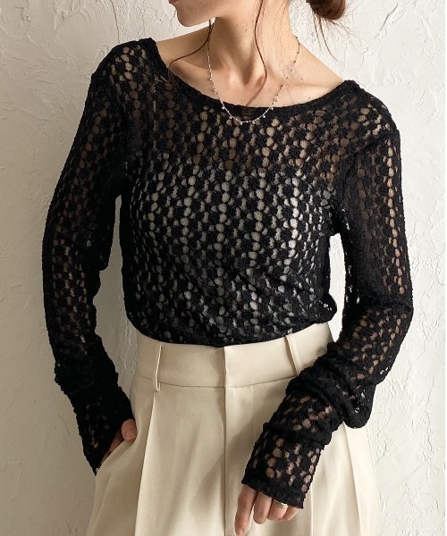 She's Closet(シーズクローゼット)の「長袖バックオープンクルーネック レースシアートップス(Tシャツ/カットソー・レディース・ブラウン/アイボリー/ブラック・FREE)」の2枚目の写真
