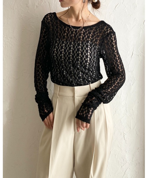 She's Closet(シーズクローゼット)の「長袖バックオープンクルーネック レースシアートップス(Tシャツ/カットソー・レディース・ブラウン/アイボリー/ブラック・FREE)」の11枚目の写真