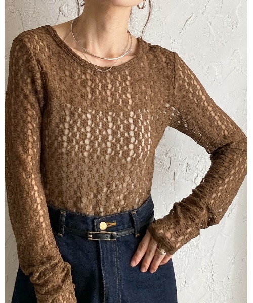 She's Closet(シーズクローゼット)の「長袖バックオープンクルーネック レースシアートップス(Tシャツ/カットソー・レディース・ブラウン/アイボリー/ブラック・FREE)」の22枚目の写真