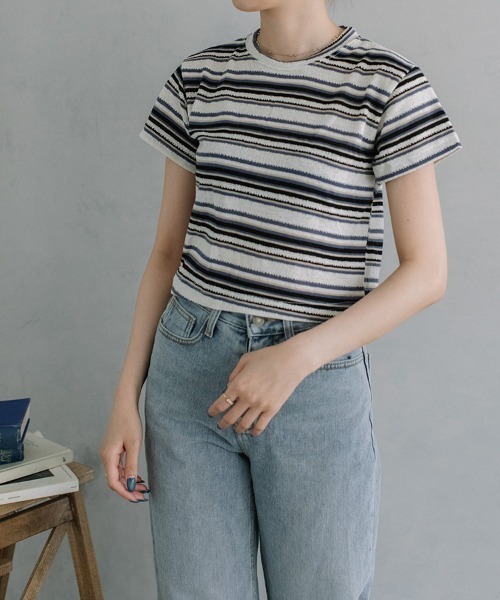 Flugge(フラッジー)の「multi border S/S tops(Tシャツ/カットソー・レディース・グレー/ブルー・FREE)」の2枚目の写真