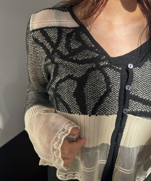 WILLFULLY（ウィルフリー）の「jacquard pattern sheer knit cardigan（カーディガン/ボレロ・レディース・モカ/ブラック・FREE）」の9枚目の写真