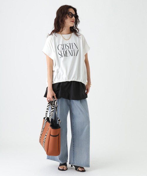 Elura（エルーラ）の「≪UVカット・接触冷感≫フロントギャザーロゴT/670094（Tシャツ/カットソー・レディース・ブラック/ホワイト×ブラック/ホワイト×ピンク/ダークブラウン・FREE）」の7枚目の写真