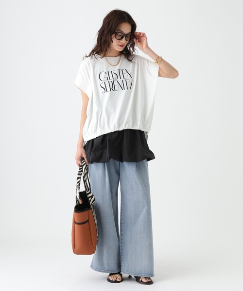 Elura（エルーラ）の「≪UVカット・接触冷感≫フロントギャザーロゴT/670094（Tシャツ/カットソー・レディース・ブラック/ホワイト×ブラック/ホワイト×ピンク/ダークブラウン・FREE）」の8枚目の写真