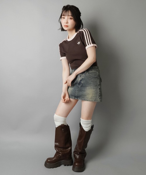 adidas(アディダス)の「【adidas/アディダス】スリーストライプス半袖ピタTシャツ/スリム(Tシャツ/カットソー・レディース・ブラウン/サックスブルー・M)」の3枚目の写真