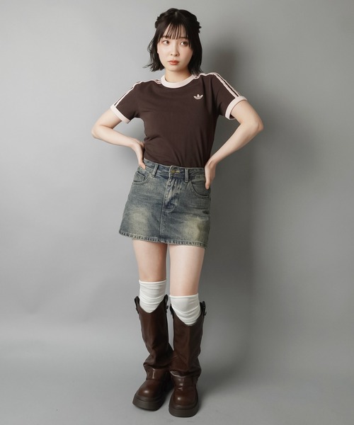 adidas(アディダス)の「【adidas/アディダス】スリーストライプス半袖ピタTシャツ/スリム(Tシャツ/カットソー・レディース・ブラウン/サックスブルー・M)」の4枚目の写真