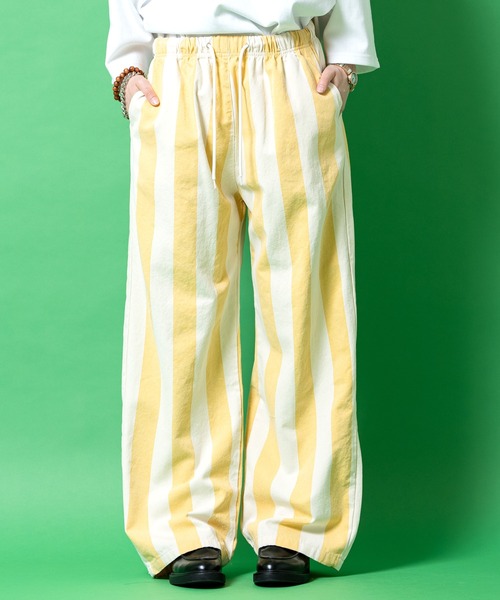 a.p.o.v.(エーピーオービー)の「a.p.o.v. 極太ストライプウォッシュドコットンワイドイージーパンツ(その他パンツ・メンズ・ピンク/イエロー/ブルー/ブラック・ONESIZE)」の1枚目の写真