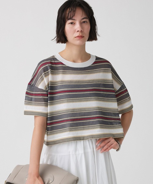 BABYLONE(バビロン)の「マルチボーダーショートプルオーバー(Tシャツ/カットソー・レディース・ベージュ/ブラウン・フリー)」の1枚目の写真
