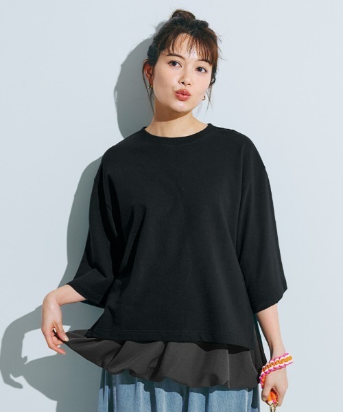Live in comfort(リブインコンフォート)の「リブ イン コンフォート 抜け感UP!重ねるためのミニ裏毛トップス(Tシャツ/カットソー・レディース・ブラック/オートミール/チャコールグレー・M/S/3L/LL/L)」の1枚目の写真