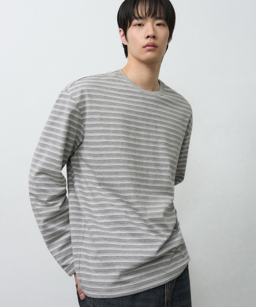 DRAW FIT（ドローフィット）の「コントラストマルチストライプロングスリーブ[MELANGE GREY]（Tシャツ/カットソー・メンズ・その他・M/L/XL）」の2枚目の写真