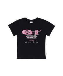 ESCAPEFROM（エスケープフロム）の「グリッター ESCF ロゴコラージュプリントスリムフィット半袖Tシャツ [2色]（Tシャツ/カットソー）」