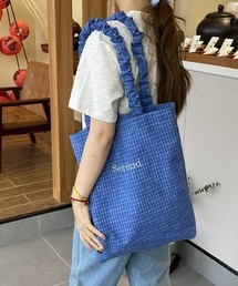 【A4サイズ対応】チェック柄 ロゴ刺繍 クシュクシュギャザーハンドル トートバッグ