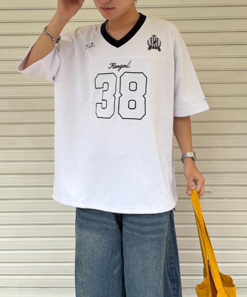 link lot（リンクロット）の「【KANGOL】ドローコード付き Vネックナンバリングゲームシャツ（Tシャツ/カットソー・メンズ・ブラック/ホワイト/ネイビー・XL/L/M）」の4枚目の写真