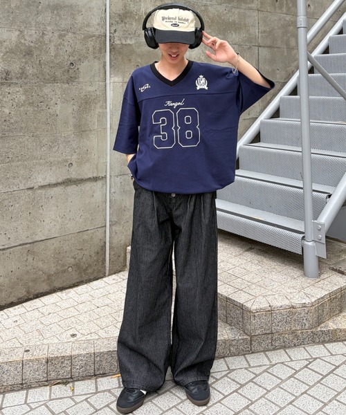 link lot（リンクロット）の「【KANGOL】ドローコード付き Vネックナンバリングゲームシャツ（Tシャツ/カットソー・メンズ・ブラック/ホワイト/ネイビー・XL/L/M）」の9枚目の写真