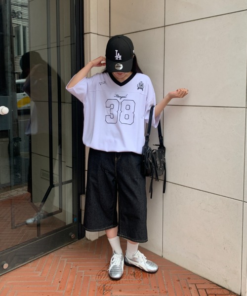 link lot（リンクロット）の「【KANGOL】ドローコード付き Vネックナンバリングゲームシャツ（Tシャツ/カットソー・メンズ・ブラック/ホワイト/ネイビー・XL/L/M）」の14枚目の写真