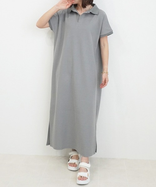 SELECT LEVERY(セレクトリベリー)の「カジュアルフレンチスリーブロングポロワンピース(シャツワンピース・レディース・ネイビー/グレー/ブラック・MEDIUM/LARGE)」の3枚目の写真
