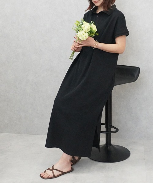 SELECT LEVERY(セレクトリベリー)の「カジュアルフレンチスリーブロングポロワンピース(シャツワンピース・レディース・ネイビー/グレー/ブラック・MEDIUM/LARGE)」の2枚目の写真