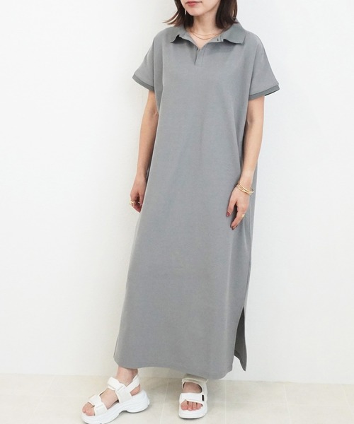 SELECT LEVERY(セレクトリベリー)の「カジュアルフレンチスリーブロングポロワンピース(シャツワンピース・レディース・ネイビー/グレー/ブラック・MEDIUM/LARGE)」の4枚目の写真