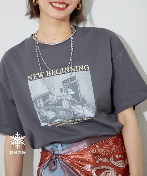 Remind me and forever(リマインドミーアンドフォーエバー)の「【staff made】接触冷感!アソート転写シルケットTシャツ(Tシャツ/カットソー・レディース・オフホワイト/スミクロ/ベージュ・FREE)」の1枚目の写真