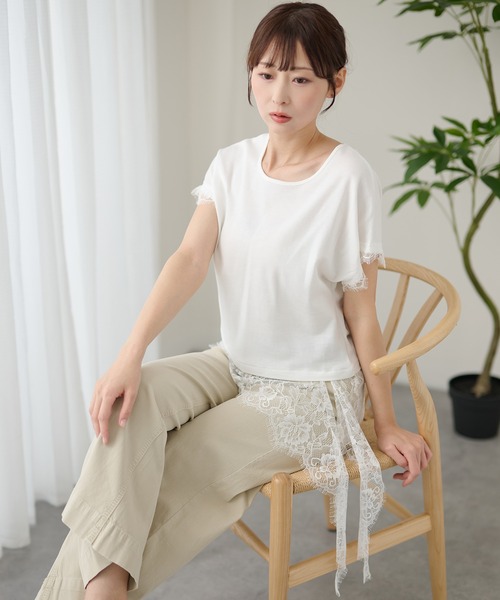 DAYRA(デイラ)の「レース レイヤード フレンチスリーブ カットソー(Tシャツ/カットソー・レディース・ホワイト/ブラック・FREE)」の7枚目の写真