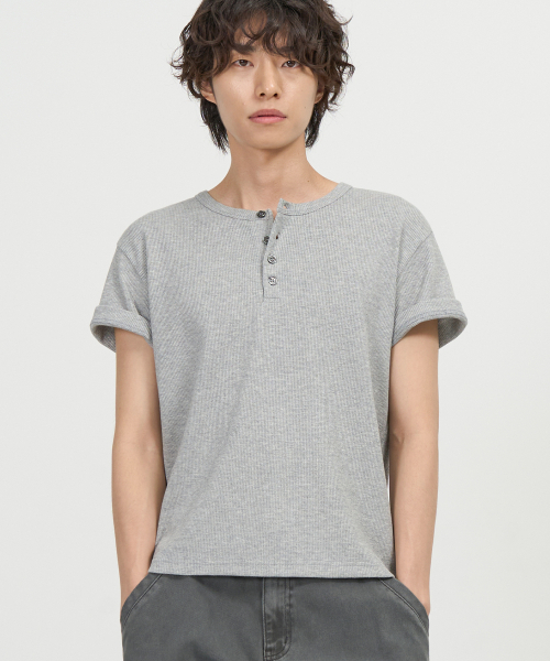 EXCONTAINER(エックスコンテナ)の「ヘンリーネックワッフルハーフスリーブ (グレー)(Tシャツ/カットソー・メンズ・その他・X-LARGE/MEDIUM/LARGE)」の1枚目の写真