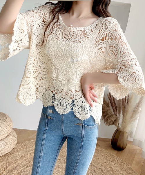 2ly2（トゥーリートゥー）の「上品な透かしレースが魅力♪フェミニンブラウス（Tシャツ/カットソー・レディース・ホワイト/ベージュ・FREE）」の14枚目の写真