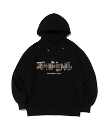 OUNDERR（オアンダーアール）の「チェックロゴオーバーフィットフードTシャツ（ブラック）（パーカー）」