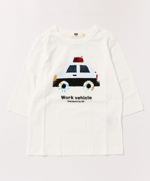 KP BOY(ケーピーボーイ)の「色が変わる 働く車 スパンコール 7分袖Tシャツ(Tシャツ/カットソー・キッズ・オフホワイト/グレー系その他・120cm/110cm/100cm/90cm/130cm)」の1枚目の写真