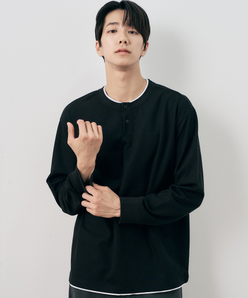 MINDBRIDGE(マインドブリッジ)の「レイヤードヘンリーネックスクラブberサロペットデイリー長袖Tシャツ - 2color(Tシャツ/カットソー・メンズ・ダークベージュ/ブラック・100/105/110/95)」の14枚目の写真