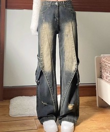 ウォッシュデザイン切り替えストレートデニムパンツ