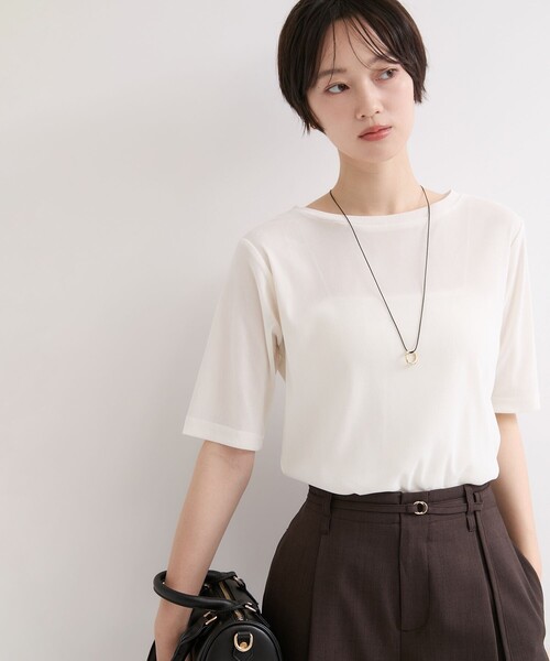 le cercle ADAM ET ROPE'（ルセルクルアダムエロペ）の「シアーベロア５分袖トップス（Tシャツ/カットソー・レディース・ダークブラウン/チャコールグレー/オフホワイト・FREE）」の2枚目の写真