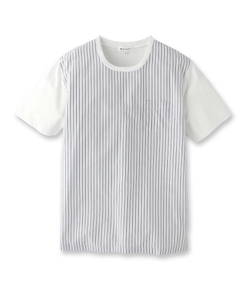THE SHOP TK (ザ ショップ ティーケー )の「ストライプ切替Tシャツ(Tシャツ/カットソー・メンズ・ホワイト/ネイビー/グレー/ネイビー系1・02/03/04)」の1枚目の写真
