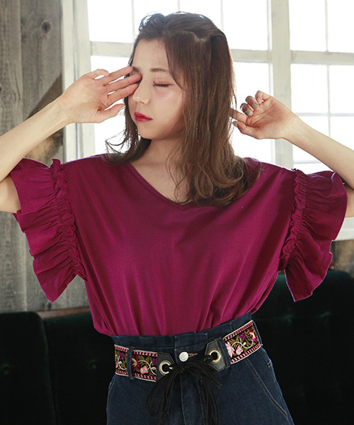 one after another NICE CLAUP(ワンアフターアナザーナイスクラップ)の「【WEB STORE限定】袖フリルTシャツ(Tシャツ/カットソー・レディース・レッド/オフホワイト/イエロー/スミクロ/パープル/ブラウン/ミント/ピンク系その他・FREE)」の5枚目の写真