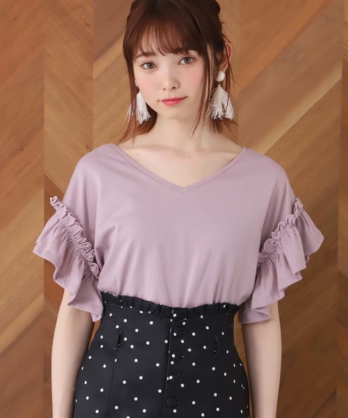 one after another NICE CLAUP(ワンアフターアナザーナイスクラップ)の「【WEB STORE限定】袖フリルTシャツ(Tシャツ/カットソー・レディース・レッド/オフホワイト/イエロー/スミクロ/パープル/ブラウン/ミント/ピンク系その他・FREE)」の7枚目の写真