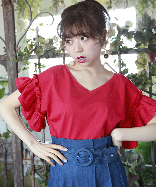 one after another NICE CLAUP(ワンアフターアナザーナイスクラップ)の「【WEB STORE限定】袖フリルTシャツ(Tシャツ/カットソー・レディース・レッド/オフホワイト/イエロー/スミクロ/パープル/ブラウン/ミント/ピンク系その他・FREE)」の8枚目の写真