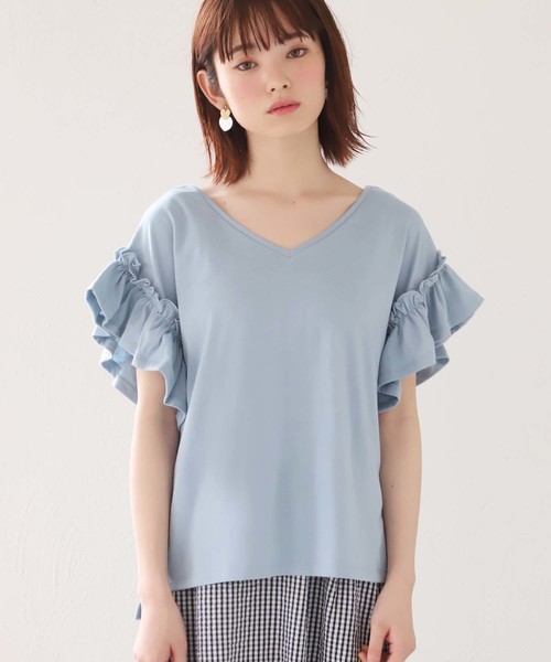 one after another NICE CLAUP(ワンアフターアナザーナイスクラップ)の「【WEB STORE限定】袖フリルTシャツ(Tシャツ/カットソー・レディース・レッド/オフホワイト/イエロー/スミクロ/パープル/ブラウン/ミント/ピンク系その他・FREE)」の4枚目の写真