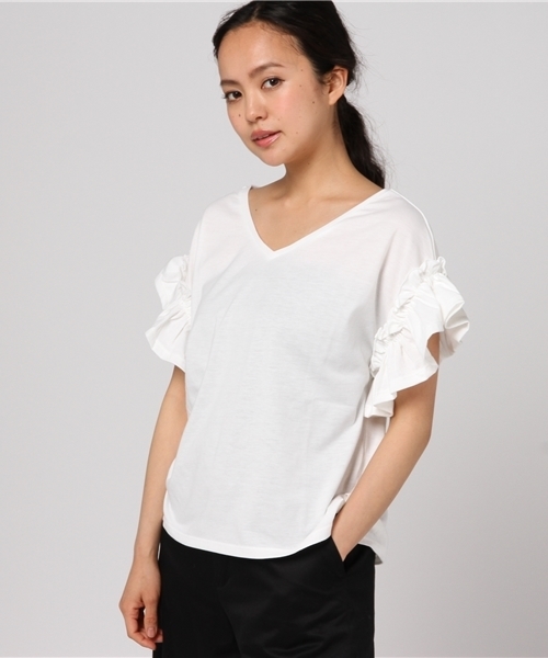 one after another NICE CLAUP(ワンアフターアナザーナイスクラップ)の「【WEB STORE限定】袖フリルTシャツ(Tシャツ/カットソー・レディース・レッド/オフホワイト/イエロー/スミクロ/パープル/ブラウン/ミント/ピンク系その他・FREE)」の17枚目の写真