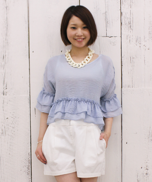 mystic(ミスティック)の「ダブルフリルプルオーバー(シャツ/ブラウス・レディース・ラベンダー/サックスブルー/オフホワイト/ベージュ/ブラック・フリ-)」の18枚目の写真