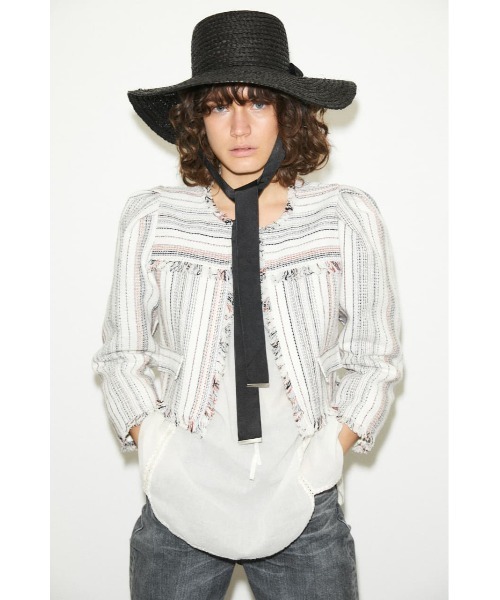 MOUSSY(マウジー)の「NO COLLAR FRINGE ジャケット(ノーカラージャケット・レディース・オレンジ/アイボリー・FREE)」の12枚目の写真