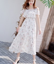 オフショルダーシフォンマキシワンピース