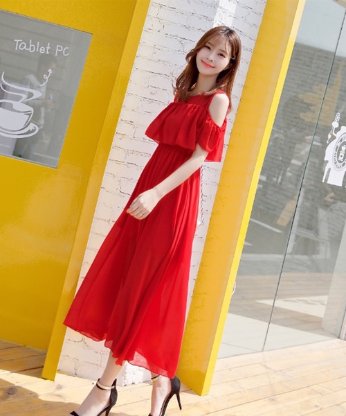 LUGG NAGG(ラグナグ)の「オフショルダーシフォンマキシワンピース(ワンピース・レディース・ライトグリーン/ホワイト系その他/ブラック/ブルー系その他/ピンク系その他/グレー系その他/ベージュ系その他/ライトブルー/レッド・MEDIUM/X-LARGE/LARGE)」の9枚目の写真