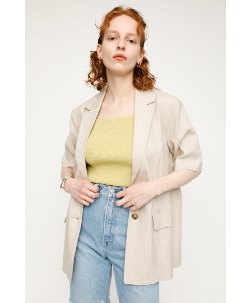 SLY(スライ)の「LINEN SHORT SLEEVE JK/リネンショートスリーブジャケット(テーラードジャケット・レディース・グリーン/アイボリー・FREE)」の2枚目の写真