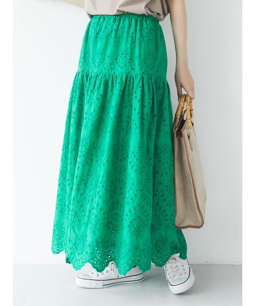 Green Parks(グリーンパークス)の「刺繍ティアードスカート*(スカート・レディース・ブラック/グリーン/ライトベージュ・FREE)」の6枚目の写真