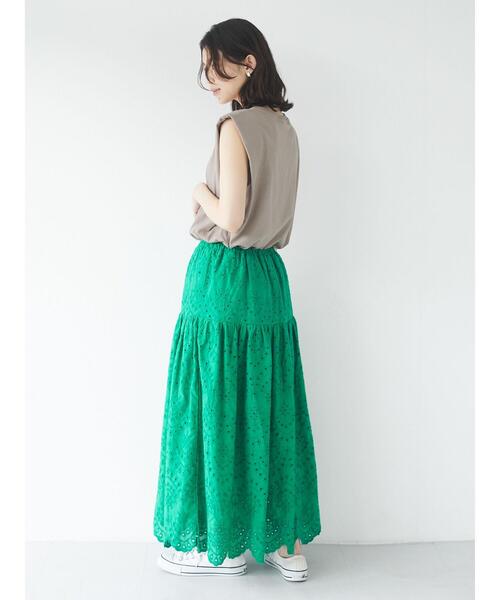 Green Parks(グリーンパークス)の「刺繍ティアードスカート*(スカート・レディース・ブラック/グリーン/ライトベージュ・FREE)」の8枚目の写真