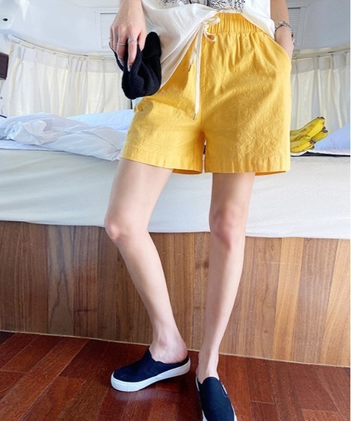 NANING9(ナンニング)の「NANING9 リネンハーフパンツ(その他パンツ・レディース・ブラウン/ベージュ/バイオレット/イエロー・FREE)」の1枚目の写真