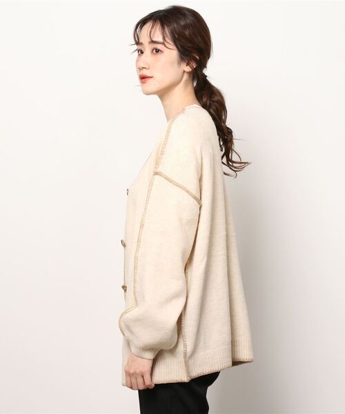 Per sist ence（パーシエンス）の「Per sist ence/パーシエンス　配色ステッチカーディガン（カーディガン/ボレロ・レディース・ベージュ/アイボリー/ブラック・FREE）」の4枚目の写真