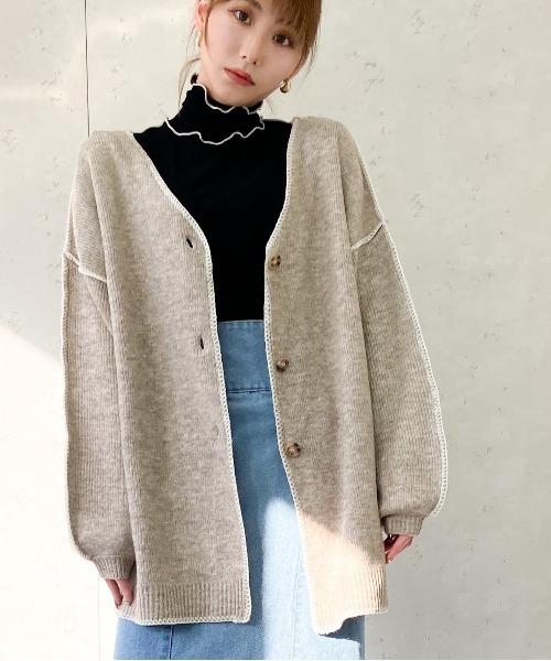 Per sist ence（パーシエンス）の「Per sist ence/パーシエンス　配色ステッチカーディガン（カーディガン/ボレロ・レディース・ベージュ/アイボリー/ブラック・FREE）」の3枚目の写真