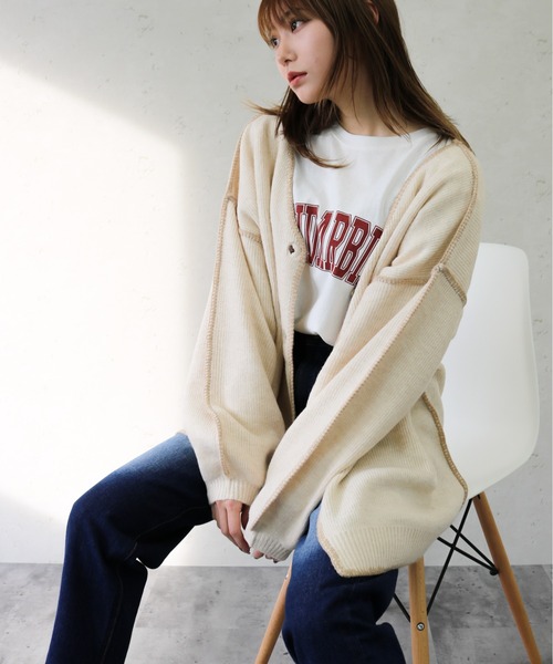 Per sist ence（パーシエンス）の「Per sist ence/パーシエンス　配色ステッチカーディガン（カーディガン/ボレロ・レディース・ベージュ/アイボリー/ブラック・FREE）」の2枚目の写真